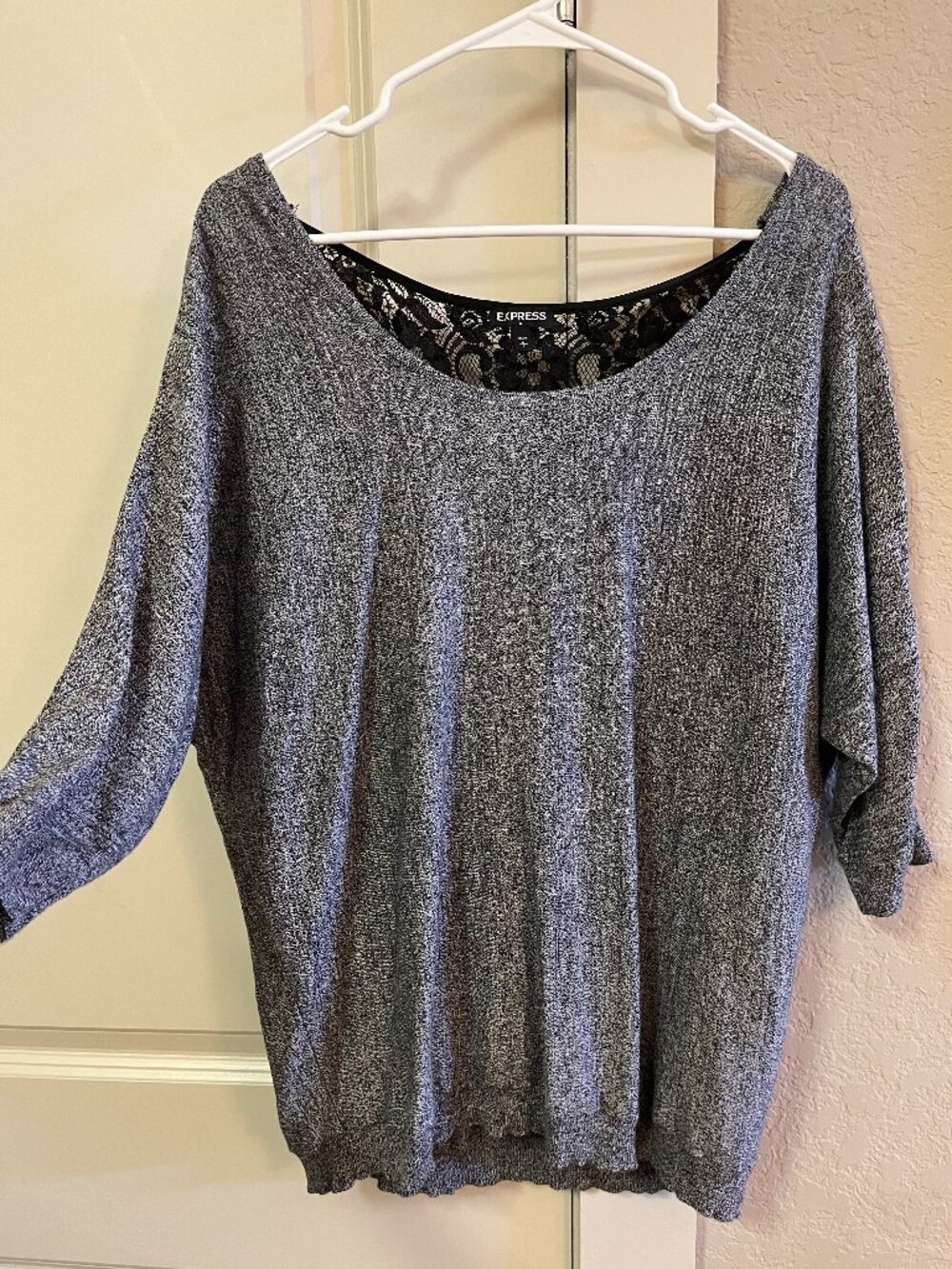Express Women's Gray Shirt Lightweight Sweater Top w/ Gray Lace Back Detail